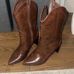 Cute faux croc brown mid high boots
